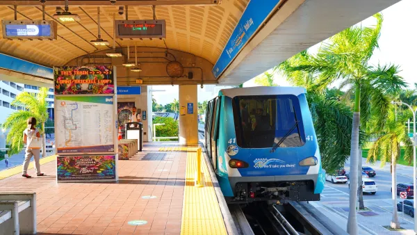 Metromover light rail train at station in Miami,Florida.