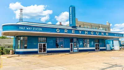 Vacant vintage Streamline Moderne blue and white Greyhound station in Jackson, Tennessee