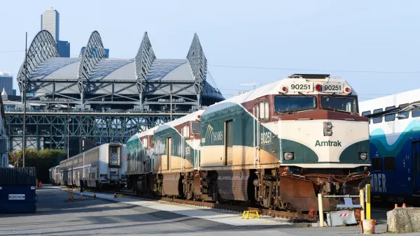 Amtrak Cascade train pulling out of station in Seattle, Washington.