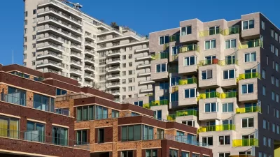 View of dense high-rise apartment buildings in Amsterdam, the Netherlands