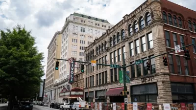 View of street in Chattanooga, Tennessee with vintage buildings