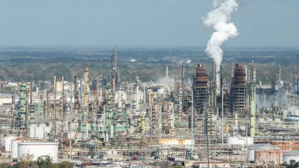 Aerial of large oil refinery.