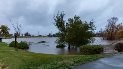 Flooded park in Pakley, California during late 2022 atmospheric river storm
