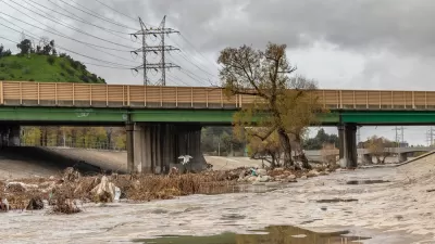 View of Los Angeles River at Glendale Narrows segment with tree and overpass