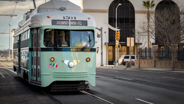Lime green vintage style El Paso streetcar.