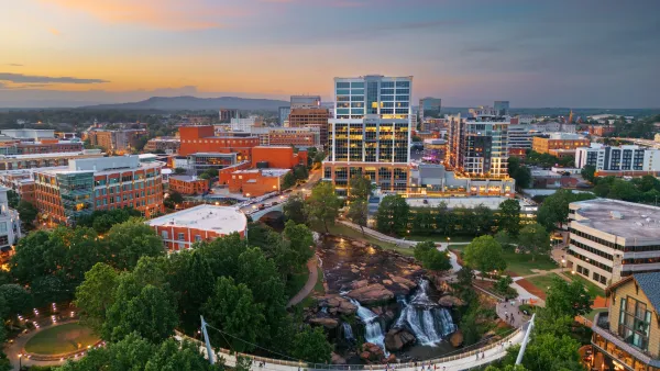 Downtown Greenville, South Carolina skyline at dusk.