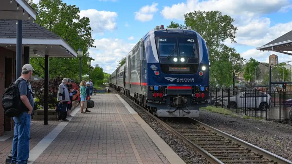Amtrak train pulling into station in Kansas City, Missouri.