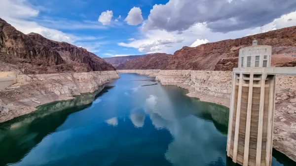 Lake Mead's low water levels, seen from the Hoover Dam