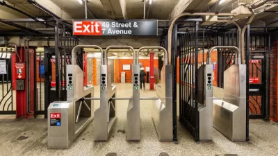 Empty fare turnstiles at New York City subway station