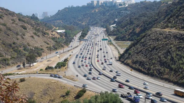 Aerial of traffic on the 405 freeway in the Sepulveda Pass, Los Angeles, California.
