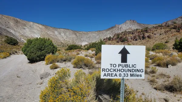 Public Rockhounding Area Sign with Arrow on BLM Land, Topaz Mountain Amphitheatre Utah, The Cove.