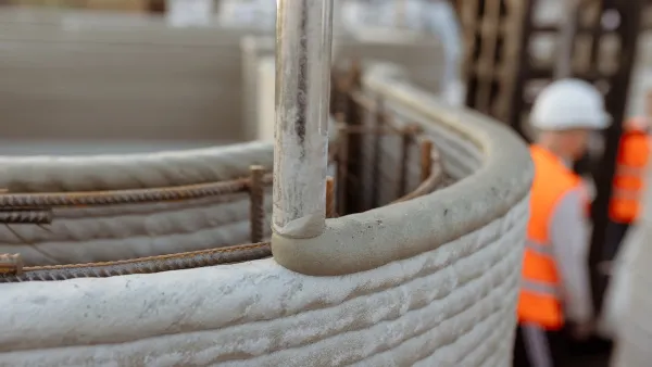 A metal pipe deposits a line of concrete on top of dozens of other lines, creating a wall. 