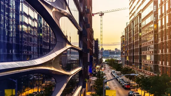 Modern steel and glass buidings seen in Chelsea, Manhattan in New York City.