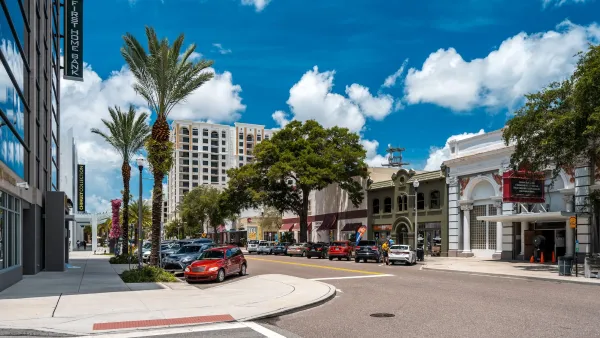 Central Avenue commercial street with diagonal parking in St. Petersburg, Florida.