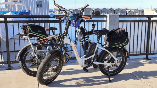 Everett WA USA Nov 14 2023 Two electric bicycles at the Port Of Everett Marina on a sunny day.