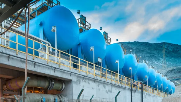 Blue tanks of a water desalination plant