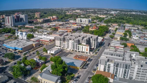 Aerial of downtown San Marcos, Texas.