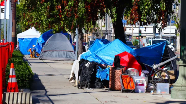 A series of unhoused people’s tents in Hollywood. 