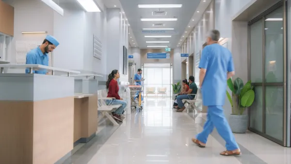 People in hospital hallway waiting area.