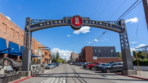 Historic District arch sign over street in Sacramento, California.