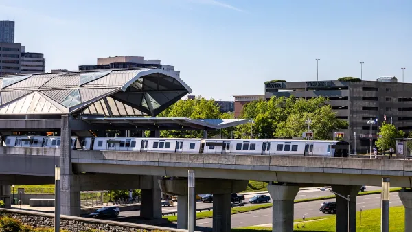 The elevated Washington DC Metro and skyline in Tysons Corner, Virginia.