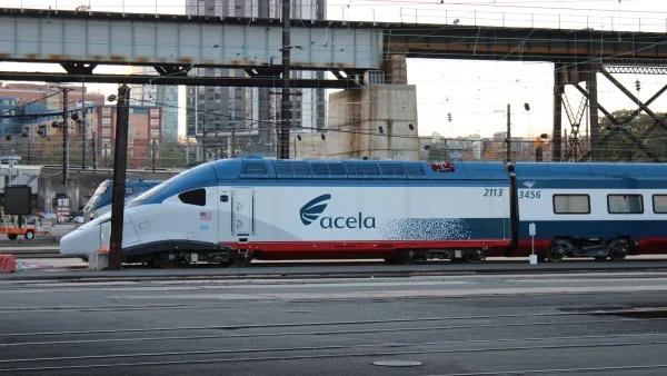 Blue and white Acela train in Boston, Massachusetts.