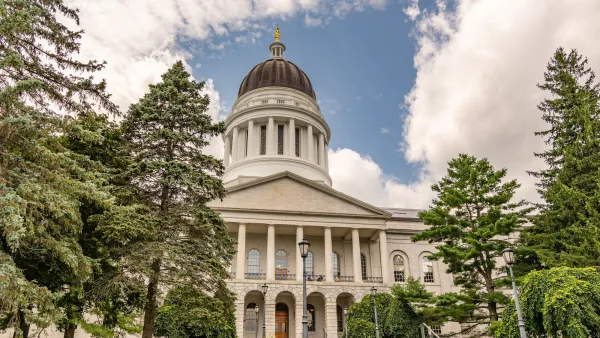 Looking up at neoclassical Maine capitol dome in Augusta, Maine.