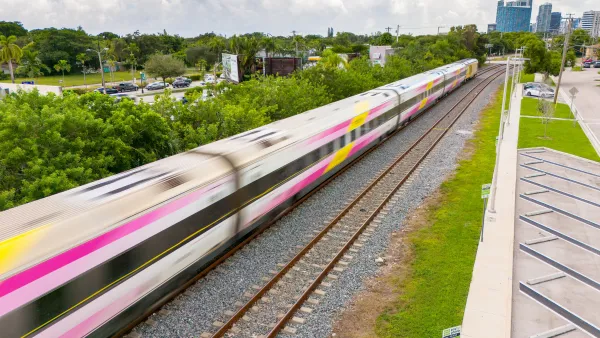 Brightline train moving at high speed in Miami
