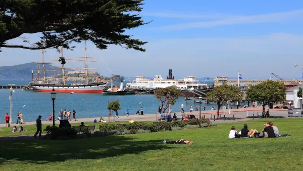 People in SF relax under the shade of a tree