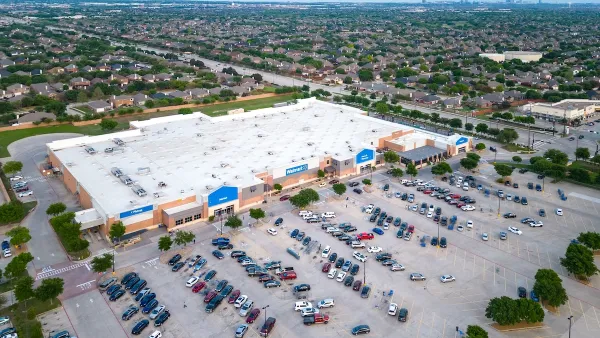 Aerial of large Walmart parking lot in Frisco, Texas.