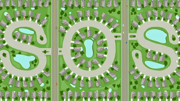 Aerial view graphic of surburban homes with green laws and ponds with grey streets spelling out SOS.