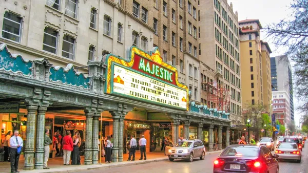 Vintage ciname with "Majestic" neon sign over marquee in San Antonio, Texas.