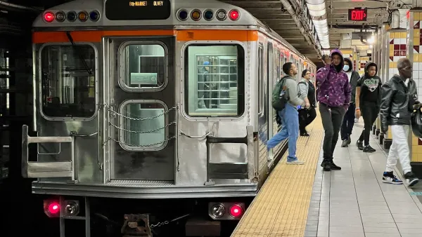 A Broad Street Line spur train unloads passengers at the Girard Avenue stop on its way to Chinatown in Philadelphia, Pennsylvania.