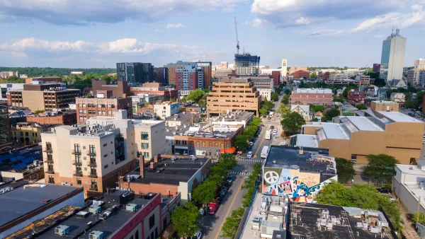 Aerial of downtown Ann Arbor, Michigan.