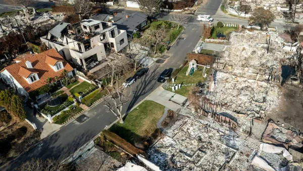 Aerial shot of fire damage in Pacific Palisades, Los Angeles, California.