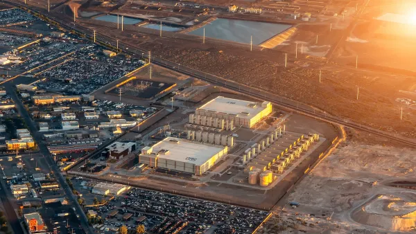 Aerial of large data center in Henderson, Nevada at golden hour.