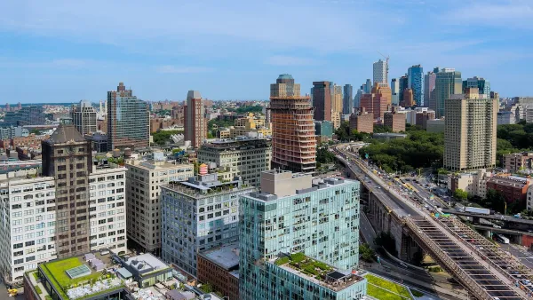Aerial of downtown Brooklyn, New York with new towers under construction.