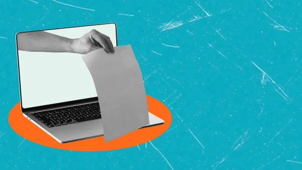 Graphic of laptop computer with hand holding out document coming out of screen.