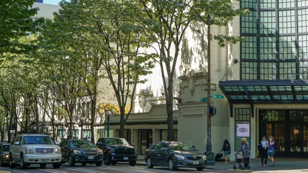 Street in Seattle, Washington with large trees shading sidewalk with glass storefront.