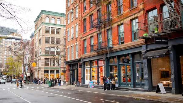A residential street with apartments in NYC.