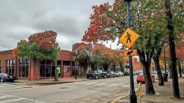 Street with crosswalk and fall foliage on trees in Dallas, Texas with yellow pedestrian warning sign in foreground.