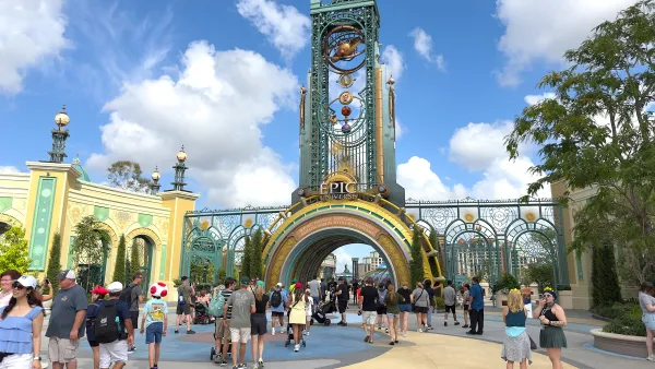 Entrance gate to Universal Epic Universe theme park in Orlando, Florida.