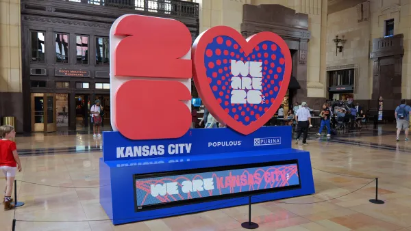 Red and blue World Cup 2026 sign inside Union Station in Kansas City, Missouri.