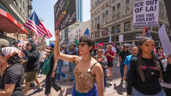 Large group of protesters in Los Angeles protesting ICE raids in June 2025.