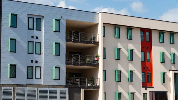 Modern boxy apartment building in Austin, Texas.