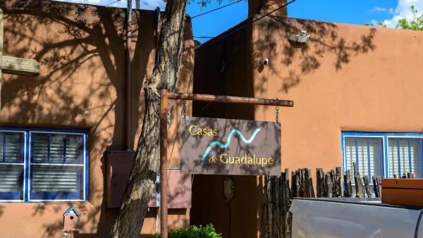 Adobe-style apartment building in Santa Fe, New Mexico.