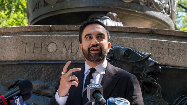 New York City mayoral candidate Zohran Mamdani speaking in front of Thomas Jefferson monument.