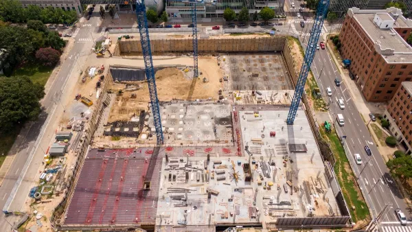 A birds-eye view of the construction of an apartment. 