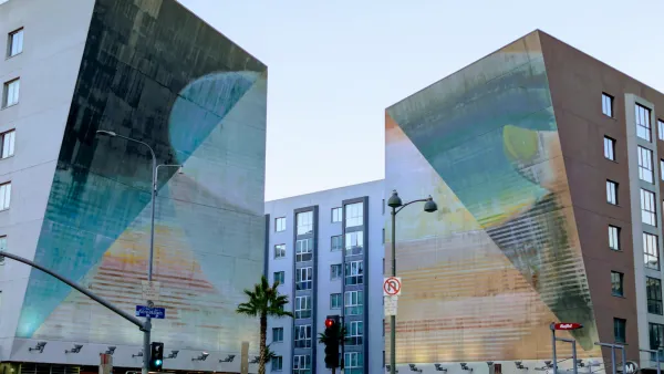 Mural "Big Bowl of Rice" by artist April Greiman, at the Wilshire Vermont mixed-use development above transit station in Los Angeles, CA.