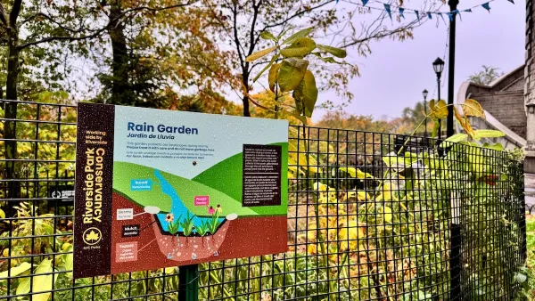 A sign on a fence describing the rain garden behind it.